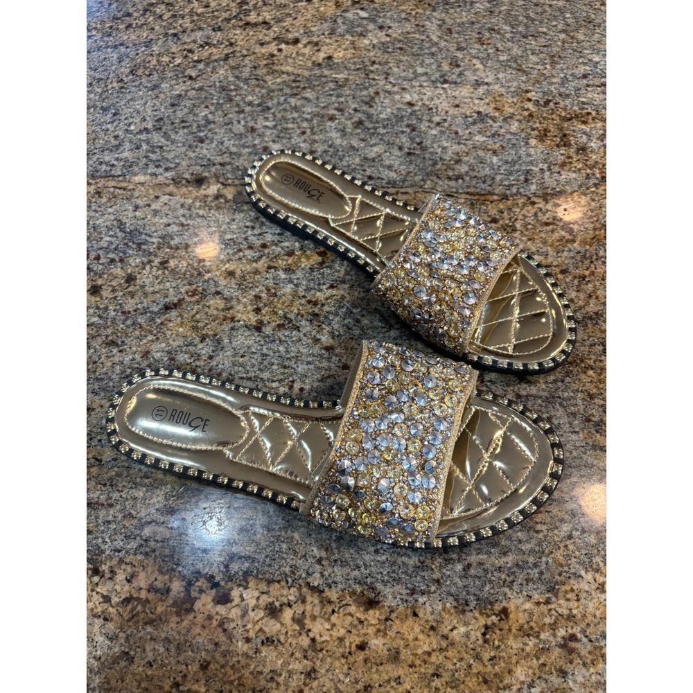 Rouge Helium Twinkle-12 Gold Metallic Rhinestone Embellished Slide Sandals 11
